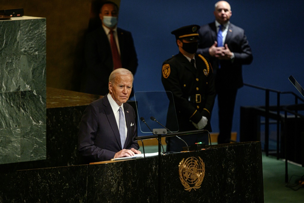 الرئيس الأميركي جو بايدن يلقي خطابه أمام الجمعية العامة للامم المتحدة في نيويورك في 21 ايلول/سبتمبر 2022 (ا ف ب)
