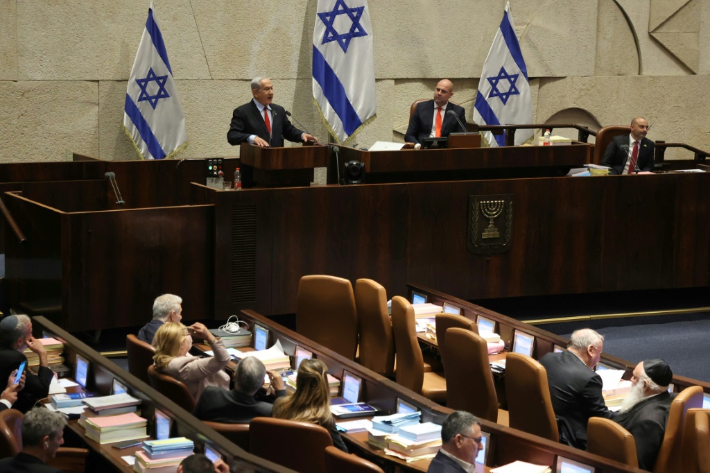رئيس الوزراء الاسرائيلي بنيامين نتانياهو يلقي كلمة في الكنيست في القدس في 23 أيار/مايو 2023 (ا ف ب)