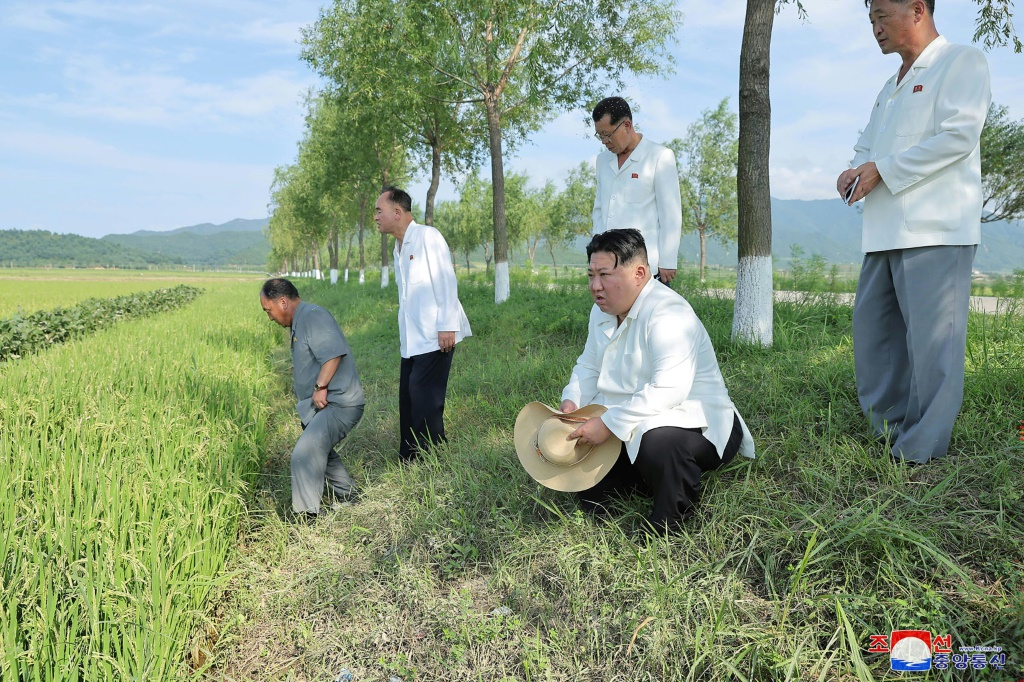 صورة غير مؤرخة نشرتها وكالة الأنباء المركزية الكورية في 18 آب/أغسطس 2023 تُظهر الزعيم الكوري الشمالي كيم جونغ أون خلال تفقّده لمزرعة في أنبيون-غون في مقاطعة كانغوون التي ضربها إعصار مؤخرًا (أ ف ب)   