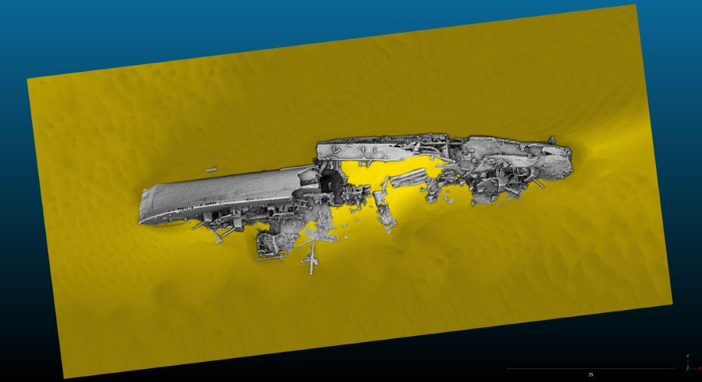 صورة وفّرتها في 12 تشرين الأول/أكتوبر 2023 من قبل الإدارة الفرنسية لأبحاث الآثار تحت الماء تُظهر صورة ثلاثية الأبعاد متعددة الحُزَم لحطام المدمرة البريطانية "كيث" التي غرقت عام 1940 أثناء عملية "دينامو" في الحرب العالمية الثانية (ا ف ب)