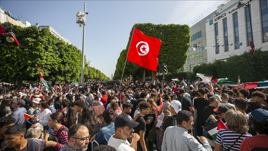 تجمع مئات الشباب أمام السفارة الفرنسية في شارع الحبيب بورقيبة، ورددوا هتافات تنادي برحيل السفير، وتعتبر فرنسا متورطة في الاعتداءات على غزة (الاناضول)