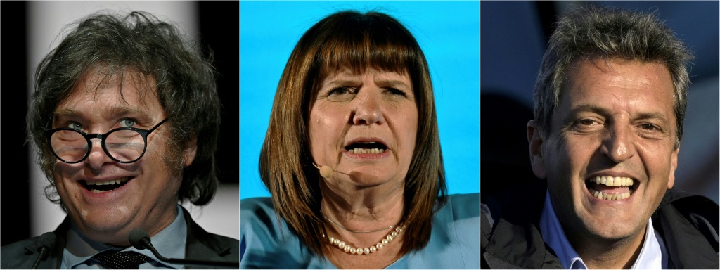 المرشحون الأوفر حظًا للانتخابات الرئاسية في الأرجنتين، من اليمين إلى اليسار: سيرخيو ماسا وباتريسيا بولريتش وخافيير ميلي (ا ف ب)