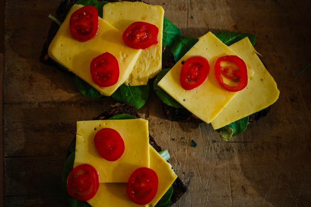 قطع من الجبنة مصنوعة من البروتينات من دون استخدام الحيوانات، أنتجتها شركة "ستانديغ أوفايشن". الصورة التُقطت بتاريخ 11 تشرين الأول/أكتوبر 2023 في باريس (أ ف ب)   