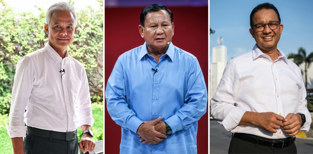 سيواجه جانجار برانوو (يسار)، والمرشح الأوفر حظا برابوو سوبيانتو (وسط)، وأنيس باسويدان (يمين) في الانتخابات الرئاسية هذا العام في إندونيسيا.(ا ف ب)