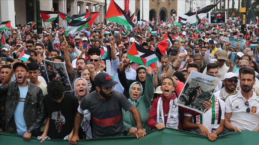 حرص الأطفال في المسيرة على ارتداء الكوفية الفلسطينية وملابس تضم شعارات العلم الفلسطيني (الاناضول)